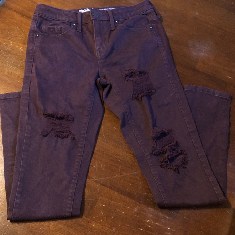 Mossino Skinny Women's Jeans in Deep Burgundy — Distressed Stretch Denim